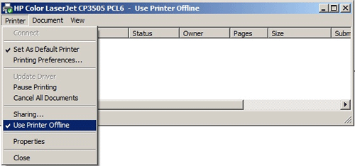 Printer Status Window - Use Printer Offline is checked